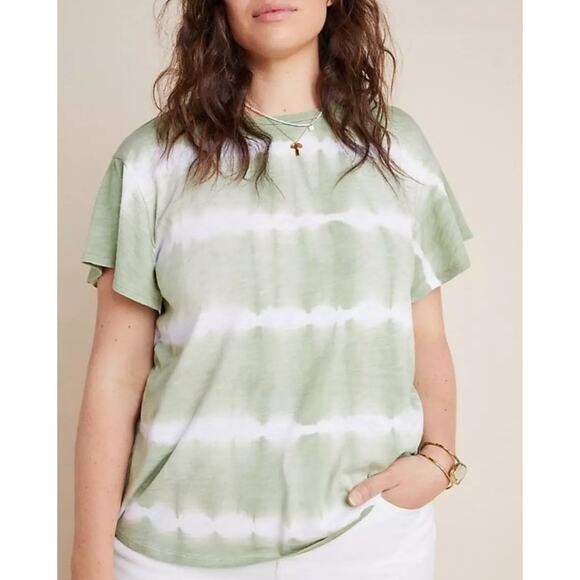 T.La Tops - T. LA Green & White Tie Die Cotton Blend Flutter Sleeve Tee Shirt Women's Small